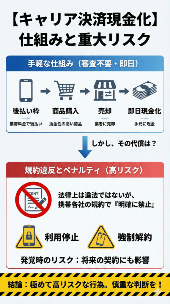 【キャリア決済現金化】即日調達の仕組みと規約違反のリスク